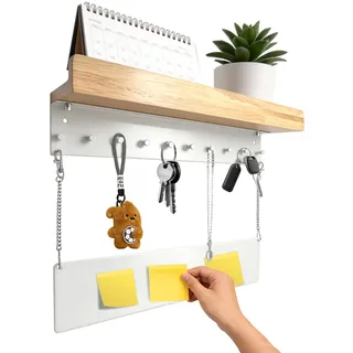 Einfacher Schlüsselbrett Weiss aus Holz,mit Ablage und Pinnwand,Moderner Schlüsselbrett Wand mit ablage 10 Haken,Stilvoller Organizer für Flur & Eingangsbereich,schlüsselboard Rustikales Design Weiß