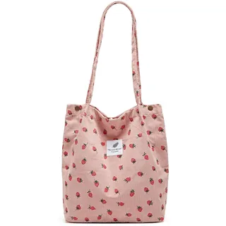 Funtlend Cord Umhängetasche Damen Groß Cord Tasche Handtasche Cordtasche Damen Schultertasche für Uni Arbeit Schule Büro-Pink Strawberry - 40 breit* 35 hoch * 11 Dick