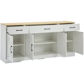 OKWISH Sideboard 35x75x160 cm, 3 Schubladen 4 Türen, modernes TV-Sideboard, skandinavischer Stil, flexible Aufbewahrung, MDF weiß mit rohholzfarbener Platte