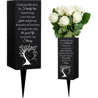WEBEEDY Friedhofsvasen Für Gräber Grabvase mit Erdspieß Beileids Geschenke Für Den Verlust Eines Geliebten Menschen Kardinal Und Baum Muster Metall Gedenkvasen Trauergeschenke Beerdigung 8x20cm