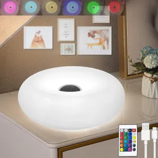 Donut Lampe LED Akku Tischleuchte USB Aufladbar Glas mit Touch Control, Donut Tischlampe Orange mit Fernbedienung 3 Farbtemperatur + RGB Dimmbar, Batteriebetriebene Nachttischlampe 2000mAh,Weiß