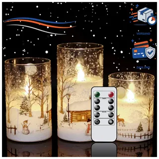 LED Kerzen im Glas Schneemann-Motiv 3er Set für Weihnachten Deko 3 Stück