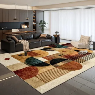 Quadratischer Teppich, 160 x 160 cm, waschbar, rutschfest, Dicker Teppich für Eingang, Dachboden, Balkon, Heimdekoration, modern, geometrisch, Rot, Beige
