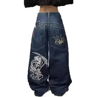 Männer Frauen Y2K Street Hip Hop Jeans Skull Print Lose Weite Bein Draggy Hose Große Taschen Gothic Print Unisex hohe Taille Jeans Jeans (Blau,M) - M