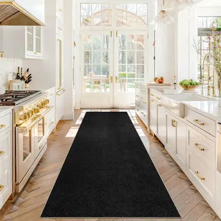 Läufer Teppich für Flur 50 x 130 cm Lang rutschfest Küchenläufer Teppich Läufer für Küche Waschbar Teppichläufer Flur Teppich Küchenteppich für Eingang Schlafzimmer Korridor Waschküche Schwarz