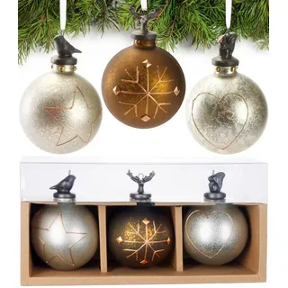 Brubaker 3er Set Weihnachtskugeln aus Glas - Stern, Schneeflocke und Herz - Premium Baumkugeln mit Porzellan Figur - Handbemalte Weihnachtsdekoration - 8cm Christbaumkugeln Silber/Grau