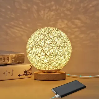 Nachtlicht Aus Rattan, Tischlampe Aus Holz Mit Handgewebtem Schirm, Usb-aufladbar, Stimmungsleuchte Aus Rattan Und Holz Für Schlafzimmer Und Wohnzimmer, Weiß