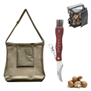 Pilzmesser Mit Bürste Und Lineal, Pilze Sammeln Messer Mit Pilztasche Groß, 2in1 Schwammerlmesser Pilzbürste, Tragbares Pilzmesser Set, Pilz Korb, Edelstahl Klappmesser Geschenk Für Pilzsammler (B)