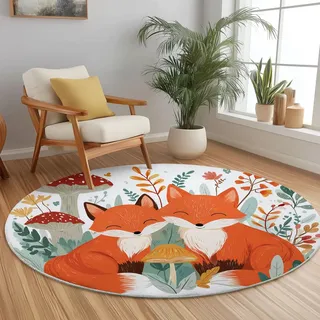 Generisch Runder Kinderzimmer Teppich 90 cm - Niedliches Fuchs und Waldtiermotiv, waschbar & rutschfest, weicher Spielteppich für Kinderzimmer
