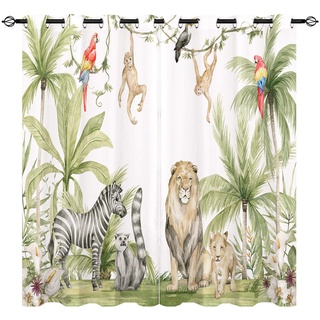 YUANZU Afrikanische Tier Vorhänge Safari Dschungel Löwe Zebra Affen Papageien Palmen Blumen Ösen Gardinen mit Blickdichte Vorhang Blackout Curtain Kinderzimmer Schlafzimmer 2 Stück, H 175 x B 140 cm