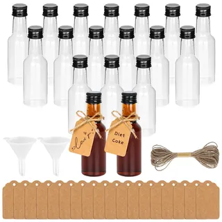18 Stück Mini Fläschchen Kunststoff Likörflaschen, 50ml Kleine Flaschen zum Befüllen mit 2 Mini Trichter, 18 Kraftpapieretikett und 5m Hanfschnur, Kleine Schnapsflaschen für Hochzeiten, Party