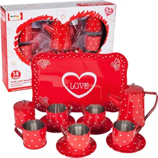 MalPlayTeeservice Kaffeeservice Geschirr aus Metall für die Kinderküche 14-teiliges Teeset Teller Tassen Tablett für Kinder Mädchen ab 3 Jahren