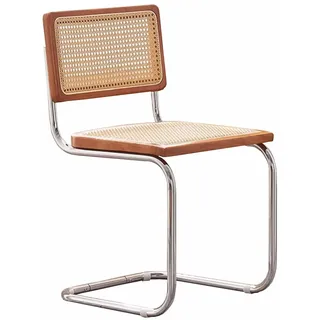 SJHPZG Rattan-Esszimmerstuhl, Mid-Century Modern, ergonomischer Küchenstuhl, Esszimmer-Terrasse, armloser Beistellstuhl mit Rohrrückenlehne und stabilen Metallbeinen