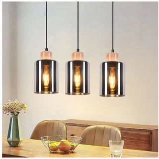 ZMH Pendelleuchte Holz 1/3/4 flammig,Hängelampe E27 aus Rauchglas, ohne Leuchtmittel, höhenverstellbare hängeleuchte für Esstisch und Esszimmer 2.5 cm x 42 cm x 146.5 cm