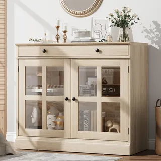 Euker Modernes Sideboard/Anrichte mit Glastüren & Schublade – Verstellbarer Einlegeboden, hoher Aufbewahrungsschrank für Küche, Esszimmer & Flur, Coffee Bar, Farbe: Washed Ash