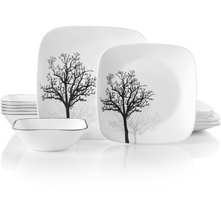 Corelle 18-piece Dinner Set, Timber Shadows, Black and White for 6, Chip Resistant Dinnerware, includes 26cm square dinner plates, 17cm square salad/side plates and 530ml square soup/cereal bowls