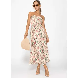 SASSYCLASSY Gesmoktes Bandeau-Kleid mit Print in Beige | Gr.: S