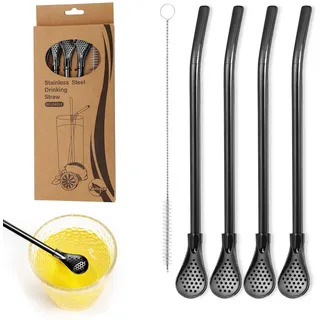 4er 304 Edelstahl Strohhalme Wiederverwendbar, Wiederverwendbare Strohhalme Löffel, Edelstahl Trinkhalme löffel, Mit Filterkopf 3 in 1 Strohhalm Löffel,Mit Reinigungsbürsten,für alle Getränke(Schwarz)