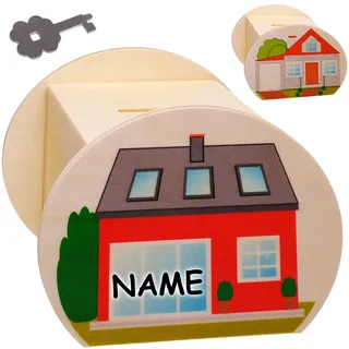 alles-meine.de GmbH große Holz - Spardose - Traumhaus - Haus/Einfamilienhaus - inkl. Name - mit Schlüssel & Schloß - stabile Sparbüchse - 11,5 cm - Sparschwein - für Kinder & E..