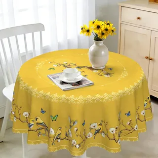 Tischdecke Rund 160 cm Wetterfest Abwaschbar - Polyester Goldene Vögel Muster - Outdoor Tischdecke für Garten Küche Esszimmer Balkon - für 6-8 Personen - Wasserdicht & Langanhaltend