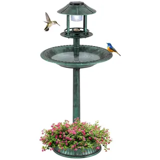 COSTWAY Vogeltränke, Vogelbad, Futterspender, mit Blumentopf, Ständer braun