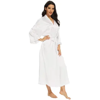 MizzGenio Langer Damen-Bademantel aus Seide, leicht, lang, Satin, volle Länge, Nachtwäsche, Morgenmantel, Reines Weiß, Small-Medium - S-M