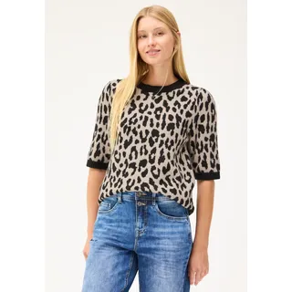 Kurzarmpullover STREET ONE STUDIO, Damen, Gr. 40, beige (schwarz), Web, 50% Nylon, 27% Polyacryl, 18% Baumwolle, 5% Elasthan, comfort fit normal, Rundhals, Rippbündchen, Pullover, mit allover Leoprint