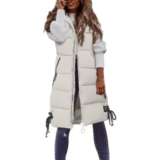 ASKSA Damen Daunenweste aermellose Lange Steppweste Winterjacke Mit Kapuze Mantel Daunenmantel, Beige, 3XL - Beige - 3XL