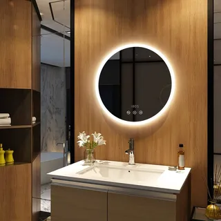 Meykoers Badezimmerspiegel mit Beleuchtung Rund 60cm Acryl badspiegel Neutral Licht Wandspiegel mit Touchschalter + Beschlagfrei + Uhr + Bluetooth