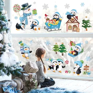 wondever Wandtattoo Weihnachten Pinguine Wandaufkleber Schneemann Schneeflocken Weihnachten Fenster Wandsticker Wanddeko für Weihnachten Party Fenster Weihnachtsdeko