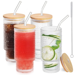 Anhow 4er Cocktail Gläser Set, 350ml Gepunktet Longdrinkgläser mit Deckel, Eiskaffee Gläser mit 4 Strohhalm/ 1 Bürsten für Wasser, Cocktails, Saft - Transparent