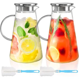 WUWEOT 2 Pack 2 Liter Glaskaraffe Wasserkaraffe mit Edelstahl Deckel und Ausgießer Karaffe aus Glas Wasserkrug Saftkrug Getränkekrug für Hausgemachte Getränke Wasser Milch Kaffee Wein Eistee Saft