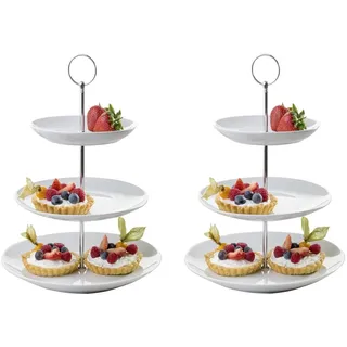 Home4You Etagere Servier-Ständer, Höhe 37 cm, 3 Etagen, weiß, Porzellan, (2-tlg), Ø 26 cm, für Obst, Süßigkeiten, Kuchen, Desserts weiß