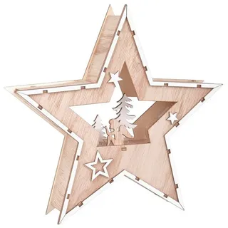 colourliving Dekostern Deko Stern Holzstern 24cm Stern mit Engel und Tannen Motiv 7 LED, Batteriebetrieb, beleuchtete Weihnachtsdeko beige