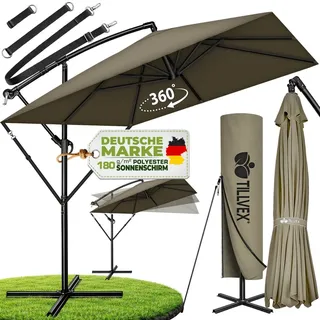 tillvex® Alu Sonnenschirm Rechteckig Ø 330 cm Braun + Abdeckung mit Kurbel | Ampelschirm Eckig mit Ständer & Windschutz | Gartenschirm UV-Schutz... - Braun