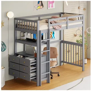 HAUSS SPOLE Hochbett 90x200cm, vertikale Sicherheitsleiter, Schubladen und Regale, Grau (vertikaler Leiter, Schubladen, Regalen und hohem Zaun, Gästebett Jugendbett 90x200 cm) ohne Matratze