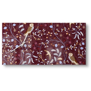 DEQORI Wanduhr 'Eulen in Blätterranken' (Glas Glasuhr modern Wand Uhr Design Küchenuhr) rot 60 cm x 30 cm