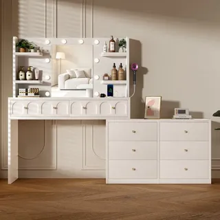 GTIMEX Große Schminktisch mit 10 LED-Beleuchtung und Spiegel, Schminktisch mit 8 Schubladen und 5 offene Ablage, Frisiertisch mit Steckdosen, Schlafzimmer, Weiß,Kommode mit 6 Schubladen+Eck-Schminktisch + L-förmig,165×135×40cm,Weiß