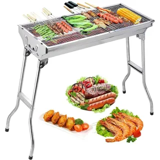 Uten Edelstahl BBQ Holzkohlegrill Räuchergrill Faltbar Tragbar für Kochen im Freien Camping Wandern Picknick Rucksackreisen Groß Silber