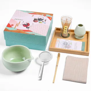 ZENRC Matcha-Set für Zeremonie – handgefertigter Bambus-Matcha-Schneebesen (Chasen) Schaufel (Chashaku) mit Ausgießer Chawan Schüssel Schneebesen Halter Sieb Bambus Teetablett Handtuch - Das perfekte