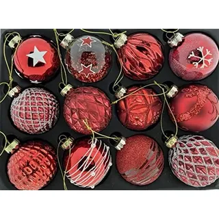 12er Set edle Luxus Glas Weihnachtskugeln Ø 6cm Weihnachtsbaum Kugeln Christbaumkugeln Weihnachts-Deko Christbaum-Schmuck (Rot)