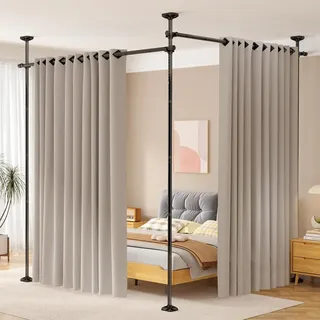 WELDUN Raumteiler Paraventgestell Gardinenstangen, Freistehend Trennwand Paravent ohne Vorhang, Sichtschutz für Wohnzimmer, Schlafzimmer oder Büro 227–312 cm (H), 71–290 cm (B), Schwarz