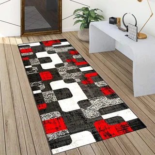 QQrunner Teppich läufer Flur Rot und Grau rutschfest 100x450cm Küchenteppich Patchwork Waschbar Meterware Schlafzimmer Korridor Teppich Lang, Länge Anpassbare, 60/70/ 80/90/ 100/110/ 120cm Breit