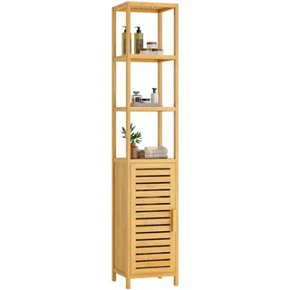 VIAGDO Hochschrank, Badezimmerschrank Bambus, Badschrank hoch mit 3 offene Fächern und Schrank, hoher Beistellschrank, Aufbewahrungsschrank, für Badezimmer, Flur, Küche, Wohnzimmer