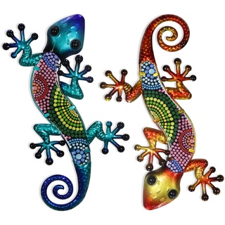 HONGLAND Metall-Gecko-Wandkunst, 2 Stück, 38,1 cm, Eidechse, Outdoor-Dekoration, hängende Glasskulptur, Dekoration für Garten, Zaun, Zuhause