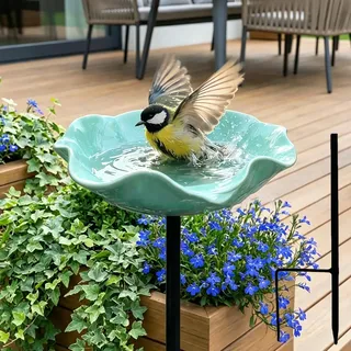Vogeltränke Blume, Bienentränke Keramik mit Bodensteckdose - Bienentränke Gartenstecker & Insektentränke, Wasserschale und Vogelfutterstelle, Dekorative Keramikblüten Blumenstecker (C)