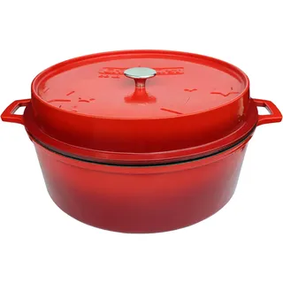 Grillfürst farbig emaillierter Dutch Oven ca. 12 Liter Fassungsvermögen - stabil stehender Gusseisentopf ohne Füße, rote kratzfeste Emaillierung, multifunktional, ca. 20,5 x 46 cm, DO12