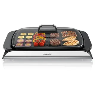 Arendo - Tischgrill Elektrogrill Edelstahl - mit Glasdeckel – extrastark 2000 Watt - Steaks, Würstchen, Fisch, Meeresfrüchte, Gemüse, Pilze u.v.m. - für Balkon, Garten, Indoor - Antihaftbeschichtung