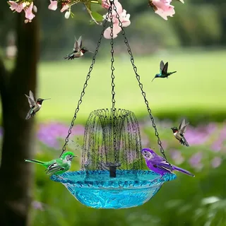 Vogeltränke Solar Brunne für Draussen | Solarbrunnen Vogeltränke Hängend | Vogelbäder Balkon Solar Gartenbrunnen mit Pumpe Glasschale | Kolibre Brunne Bäder Vogel Dusche für Gartendekoration
