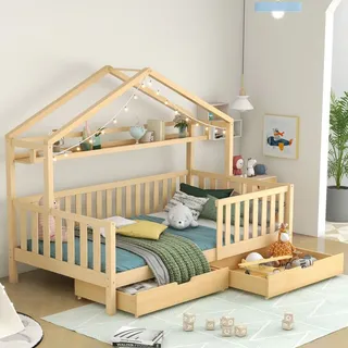 STILVORA Hausbett 90x200 Kinderbett mit Schubladen und Regale,Hausbett aus Kiefernholz mit Zaun,Jugendbett mit Rausfallschutz,Natur(Ohne Matratze) - Naturbelassen
